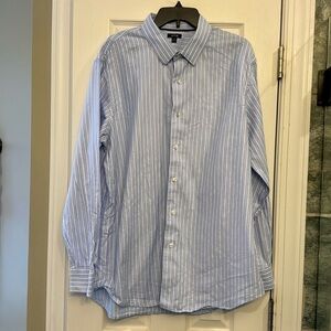 Men’s light blue and white striped button-down shirt